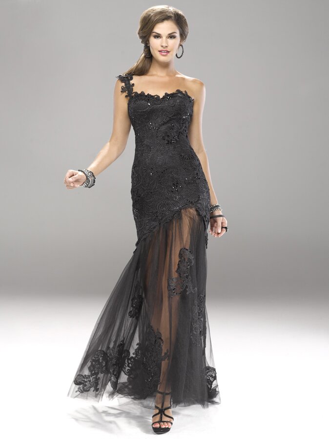 black lace & tulle one-shoulder prom dress