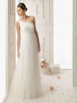 Sheath/Column One Shoulder Tulle Floor-length Beading Wedding Dresses