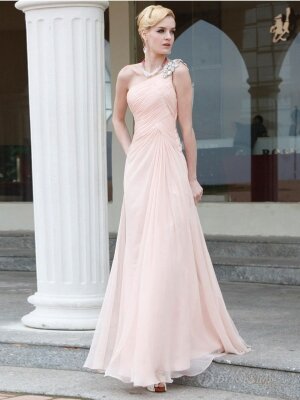 A-line One Shoulder Pink Ruffles Chiffon Floor-length Dress