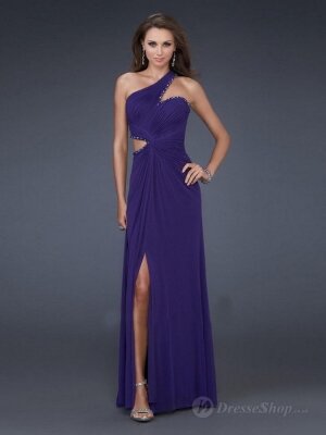 Empire One Shoulder Purple Beading Chiffon Floor-length Dress