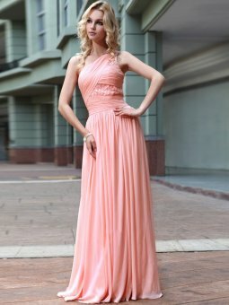 A-line One Shoulder Pink Rhinestone Chiffon Floor-length Dress