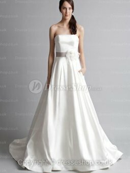 A-line Strapless Satin Chapel Train White Sashes / Ribbons Wedding Dress
