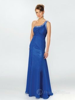 A-line One Shoulder Royal Blue Beading Chiffon Floor-length Dress