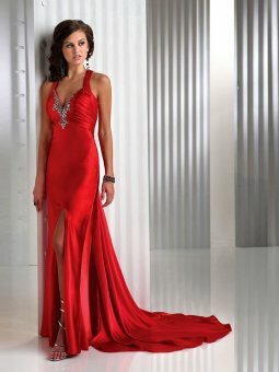 Sheath/Column V-neck Red Elastic Woven Satin Floor-length Dress