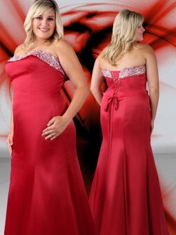 Trumpet/Mermaid Strapless Jeweled Satin Red Floor-length Plus Size Dress