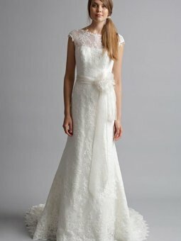 A-line Jewel Lace Chapel Train Ivory Sashes / Ribbons Wedding Dress
