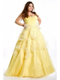 Taffeta Sweetheart Feather A-line Yellow Floor-length Plus Size Dress(DSPLZD028)