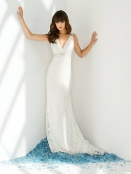 White Lace Floor Length V-neck Empire Beach Wedding Dress