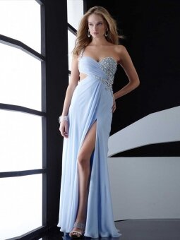 Sheath/Column One Shoulder Light Sky Blue Beading Chiffon Floor-length Dress