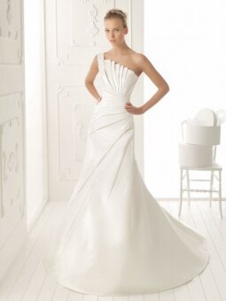 A-line One Shoulder Satin Sweep Train White Ruched Wedding DressD00012095_DS