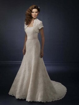 A-line Strapless Applique Lace Sweep Train Wedding Dress