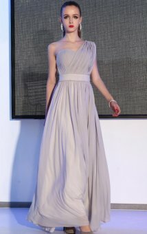 A-line One Shoulder Silver Ruffles Chiffon Floor-length Dress