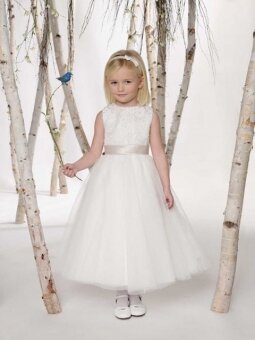 Bateau Ball Gown Ankle Length Lace White Tulle Flower Girl Dress (FLGL0015)