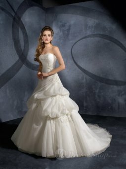 A-Line Strapless Crystal Beading Organza Chapel Train Wedding Dress