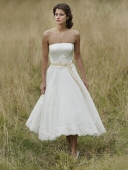White A-line Strapless Tea Length Taffeta Sash Wedding Dresses