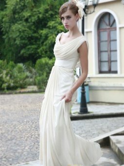 A-line Scoop White Ruffles Chiffon Floor-length Dress