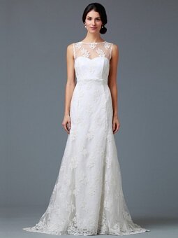 A-line Bateau Lace Satin Floor-length White Draped Wedding Dresses