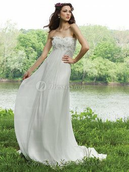 Sheath/Column Strapless Chiffon Sweep Train White Wedding Dresses With Floral