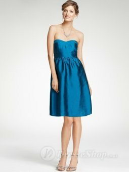 A-line Strapless Blue Satin Pleated Knee-length dress