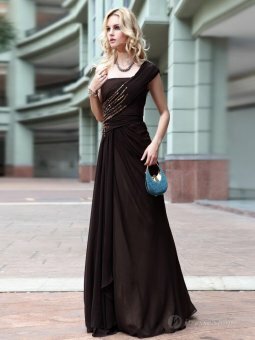 A-line Off-the-shoulder Black Rhinestone Chiffon Floor-length Dress
