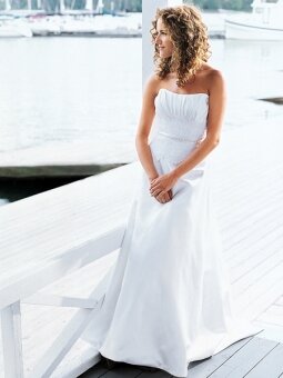 A-line Strapless Satin Sweep Train Lace Wedding Dresses