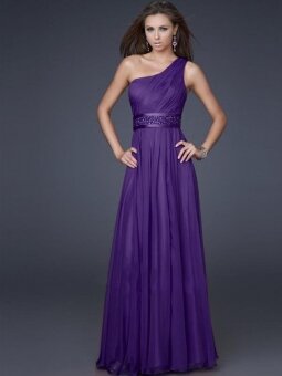 A-line One Shoulder Purple Beading Chiffon Floor-length Dress