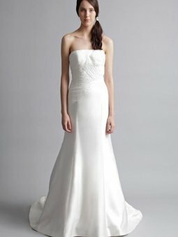A-line Strapless Satin Chiffon Chapel Train White Ruched Wedding Dress