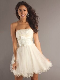 A-line Strapless White Floral Lace Ruched Organza Short/Mini Dress
