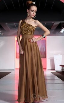 A-line One Shoulder Brown Rhinestone Chiffon Floor-length Dress