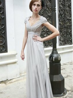 Empire V-neck Silver Beading Chiffon Floor-length Dress
