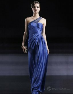 Sheath/Column One Shoulder Beading Ruched Satin Floor-length Evening Gown