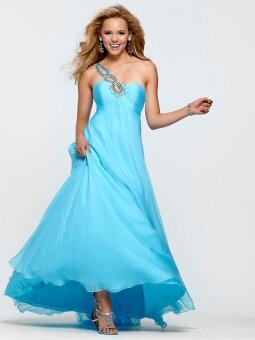 A-line One Shoulder Chiffon Floor-length Blue Beading Prom Dress