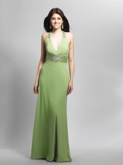 Sheath/Column Halter Chiffon Floor-length Green Beading Prom Dresses
