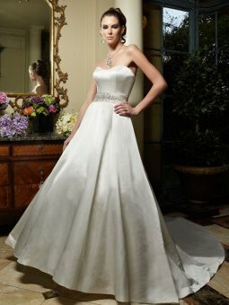 A-line Strapless Beading Silk Chapel Train Wedding Dress