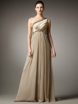 Sheath/Column One Shoulder Champagne Beading Chiffon Floor-length Dress