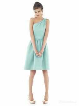 A-line One-shoulder Tea-length Sage Stain Dresses