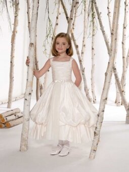 Square Ball Gown Tea Length Ruffles White Taffeta Flower Girl Dress (FLGL0134)