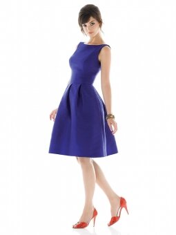 A-line Scoop Tea-length Royal Blue Satin Dresses