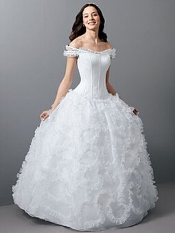 Ball Gown Off-the-shoulder Lace Satin Sweep Train Wedding Dress