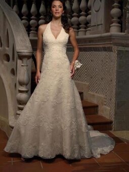 A-line Halter Lace Court Train Appliques Wedding Dresses