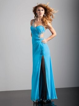 Sheath/Column One Shoulder Chiffon Ankle-length Blue Beading Prom Dress