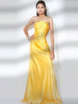 Empire Strapless Gold Beading Elastic Woven Satin Floor-length Dress