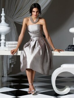A-line Strapless Pleating Tea-length Silver Satin Dresses