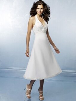 A-line Halter Taffeta Embroidery White Tea-length Dress (XFSRDS042)