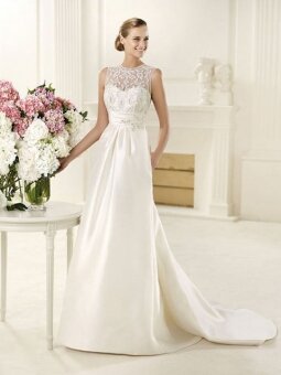 Satin Lace Jewel A-line Beaded Applique Bodice 2013 Wedding Dresses