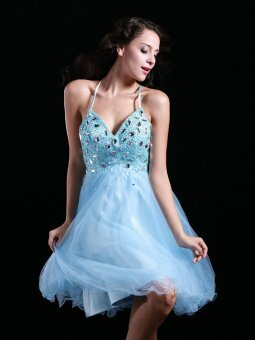 A-line Halter Tulle Short/Mini Blue Rhinestone Homecoming Dress