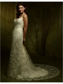 A-Line V-neck Embroidery Lace Chapel Train Wedding Dress