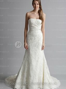 A-line Strapless Lace Chapel Train Ivory Crystal Detailing Wedding Dress