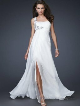 A-line One Shoulder White Hand-Made Flower Chiffon Floor-length Dress