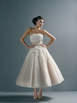 Ivory Tulle Empire Hand Made Flower Strapless Tea-length Wedding Dress DSSRTD013